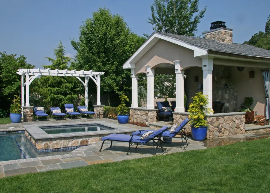 Cherry Hill Outdoor Pergola Kit(Options: 16' x 10', California Redwood, No Electrical Wiring Trim, 4-Post Anchor Kit for Stone, Brick or Concrete, No Ceiling Fan Base, No Curtain Rods, No Privacy Panels, 9' Post Height, Off-White Oil-Based). Photo Courtesy of Rich Wulwick of Cherry Hill, New Jersey.