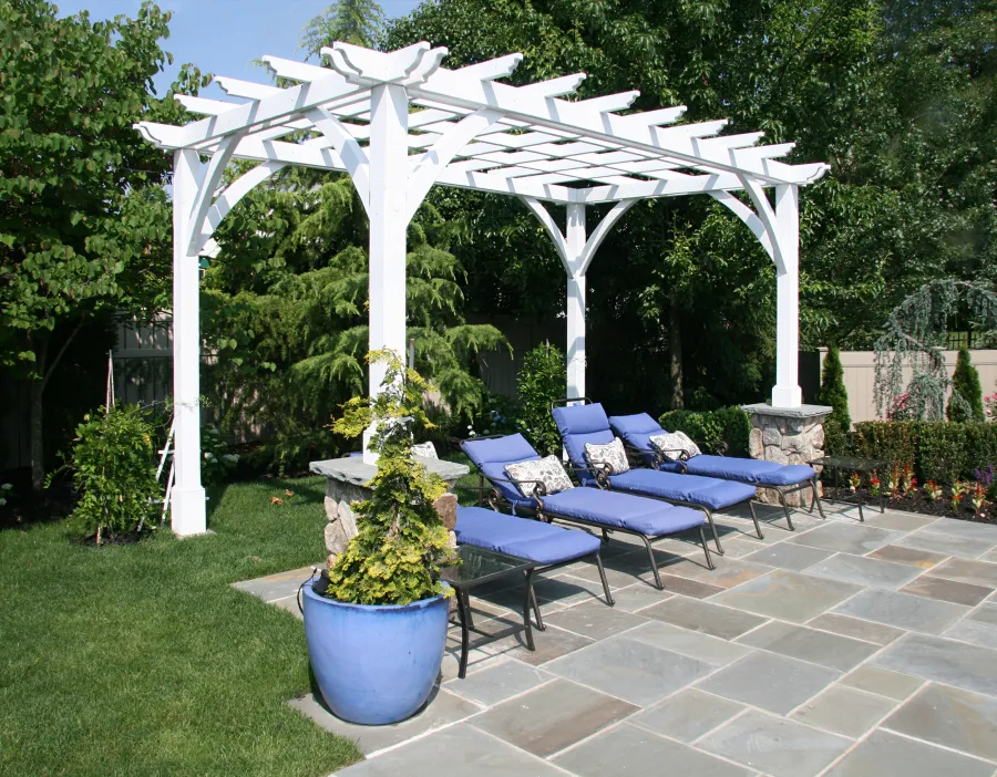 Cherry Hill Outdoor Pergola Kit(Options: 16' x 10', California Redwood, No Electrical Wiring Trim, 4-Post Anchor Kit for Stone, Brick or Concrete, No Ceiling Fan Base, No Curtain Rods, No Privacy Panels, 9' Post Height, Off-White Oil-Based). Photo Courtesy of Rich Wulwick of Cherry Hill, New Jersey.
