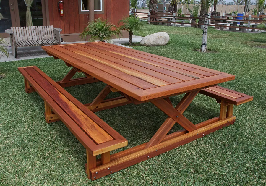 Chris's Picnic Table (Attached Benches) (Options: 10' L x 46" W, California Redwood, Standard Tabletop, Rounded Corners, No Umbrella Hole, Transparent Premium Sealant).