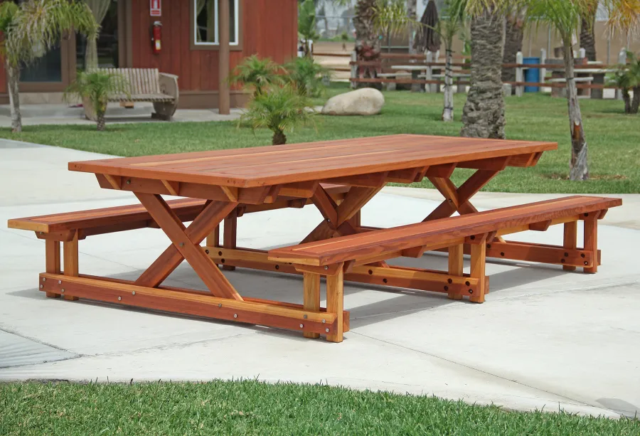 Chris's Picnic Table (Attached Benches) (Options: 10' L x 46" W, California Redwood, Standard Tabletop, Rounded Corners, No Umbrella Hole, Transparent Premium Sealant).