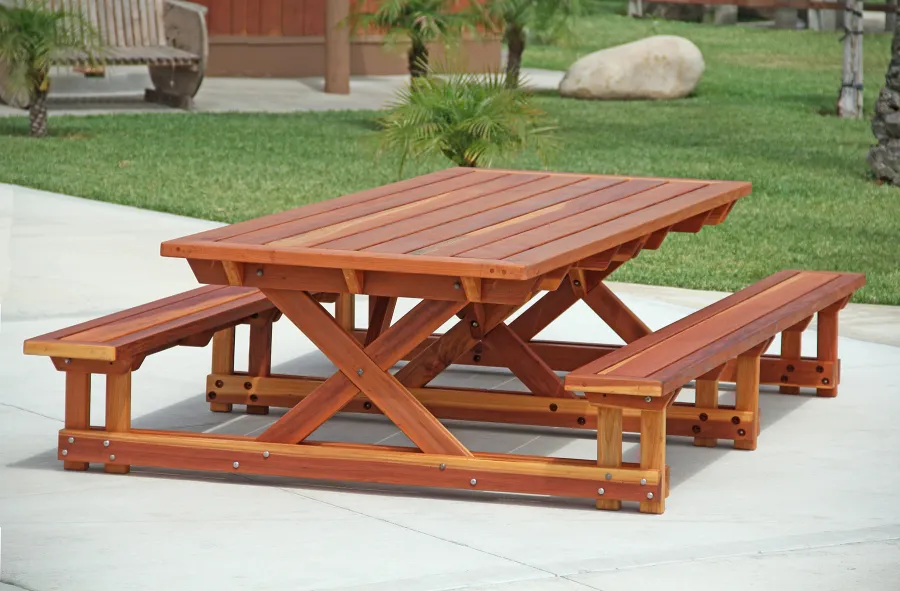 Chris's Picnic Table (Attached Benches) (Options: 10' L x 46" W, California Redwood, Standard Tabletop, Rounded Corners, No Umbrella Hole, Transparent Premium Sealant).