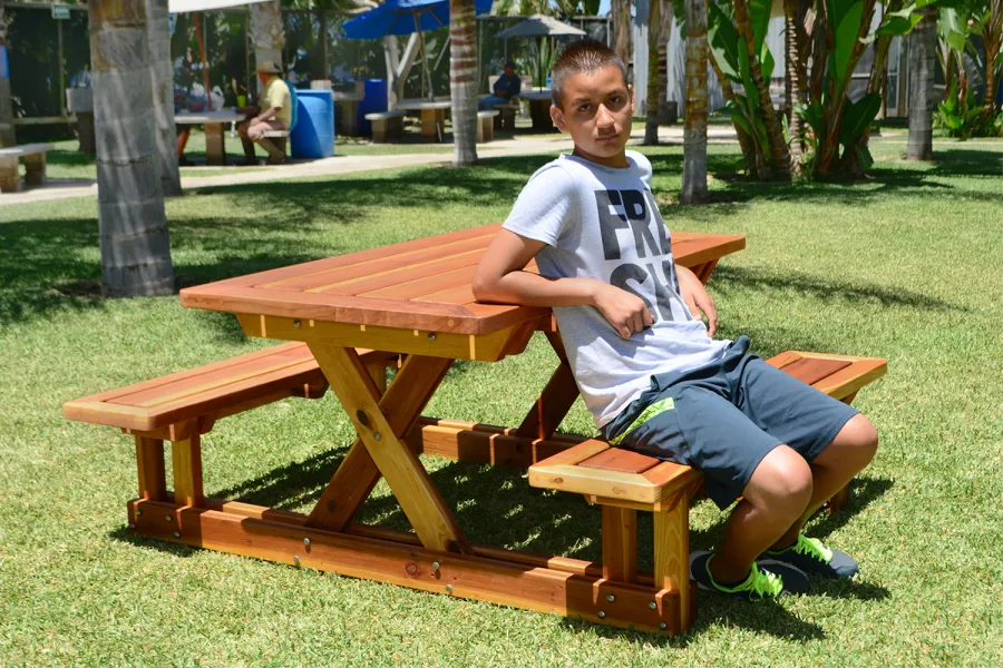 Chris's Picnic Table (Attached Benches) (Options: 6' L x 34" W, California Redwood, Standard Tabletop, Rounded Corners, Umbrella Hole, Transparent Premium Sealant).