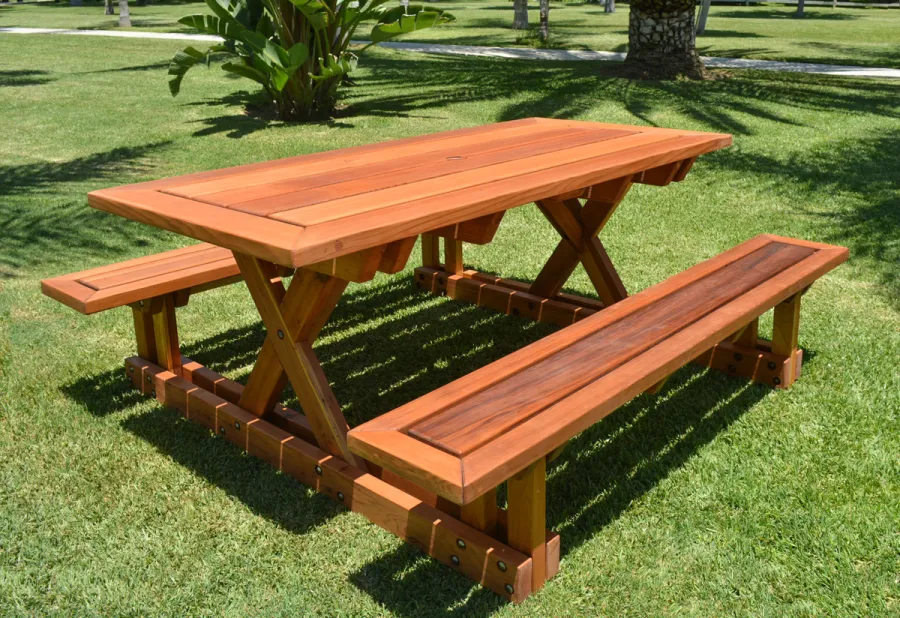 Chris's Picnic Table (Attached Benches) (Options: 6' L x 34" W, California Redwood, Standard Tabletop, Rounded Corners, Umbrella Hole, Transparent Premium Sealant).