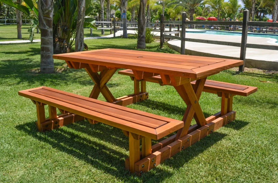 Chris's Picnic Table (Attached Benches) (Options: 6' L x 34" W, California Redwood, Standard Tabletop, Rounded Corners, Umbrella Hole, Transparent Premium Sealant).