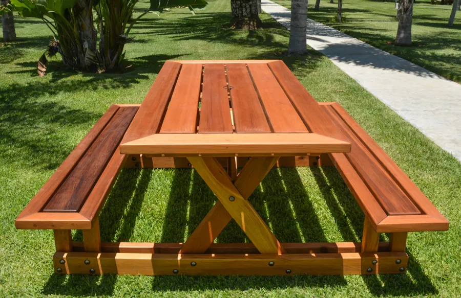 Chris's Picnic Table (Attached Benches) (Options: 6' L x 34" W, California Redwood, Standard Tabletop, Rounded Corners, Umbrella Hole, Transparent Premium Sealant).