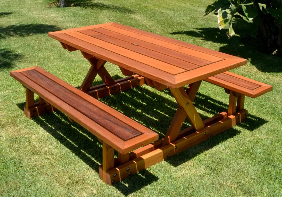 Chris's Picnic Table (Attached Benches) (Options: 6' L x 34" W, California Redwood, Standard Tabletop, Rounded Corners, Umbrella Hole, Transparent Premium Sealant).
