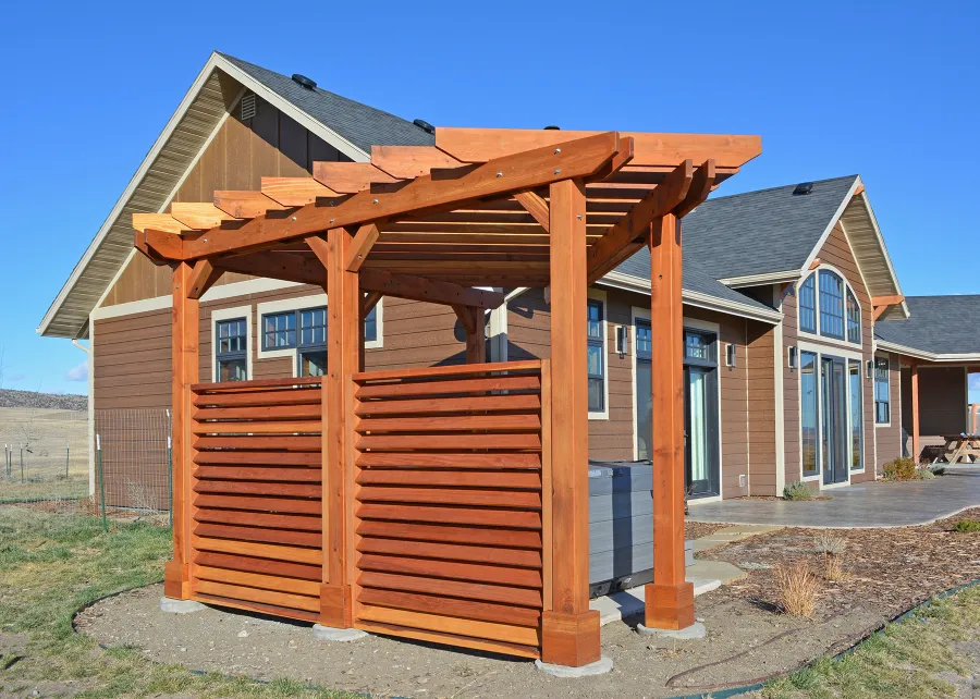 Custom Garden Pergola (Options: California Redwood, Louvered Privacy Panels, Open Roof, Transparent Premium Sealant). Photo Courtesy of Paul & Diane Chalfant of Livingston, Montana.
