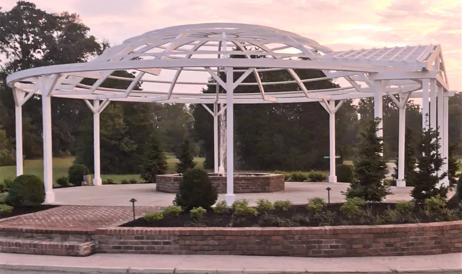 Custom Wooden Pergola (Options: 40' Diameter, Mature Redwood, Posts Anchor Kit for High-Wind, Off-White Oil-Based Primer and Kilz White Finish). Photo Courtesy of S. Hobson of Knoxville, Tennessee.