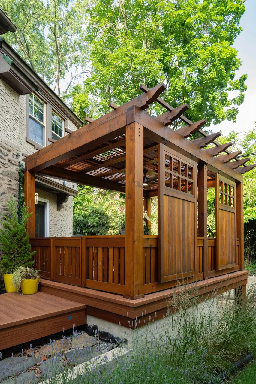 Custom Wooden Pergola (Options: 15' W x 14' L, California Redwood, 8' H Posts, Transparent Premium Sealant). Photo Courtesy of I. Bowleg of Philadelphia, PA.