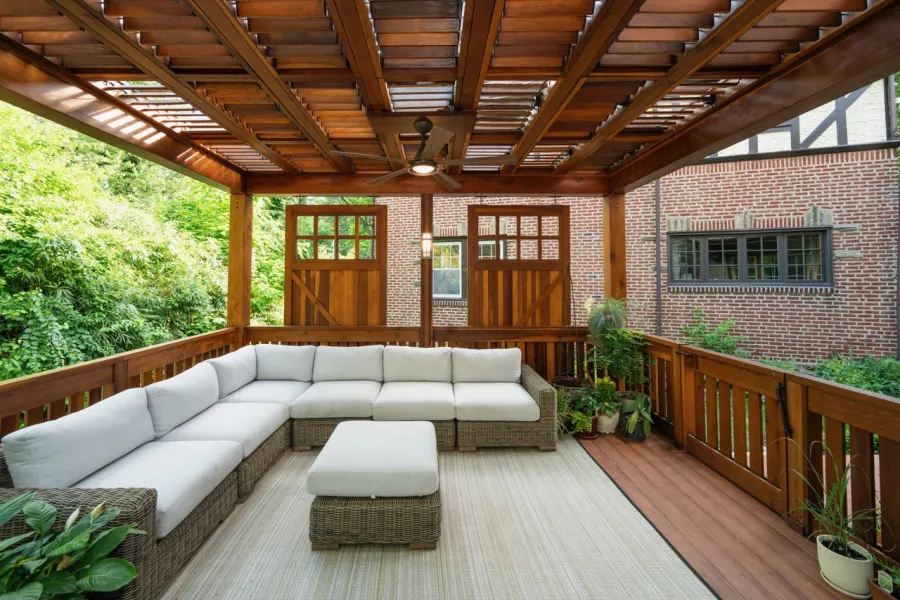 Custom Wooden Pergola (Options: 15' W x 14' L, California Redwood, 8' H Posts, Transparent Premium Sealant). Photo Courtesy of I. Bowleg of Philadelphia, PA.