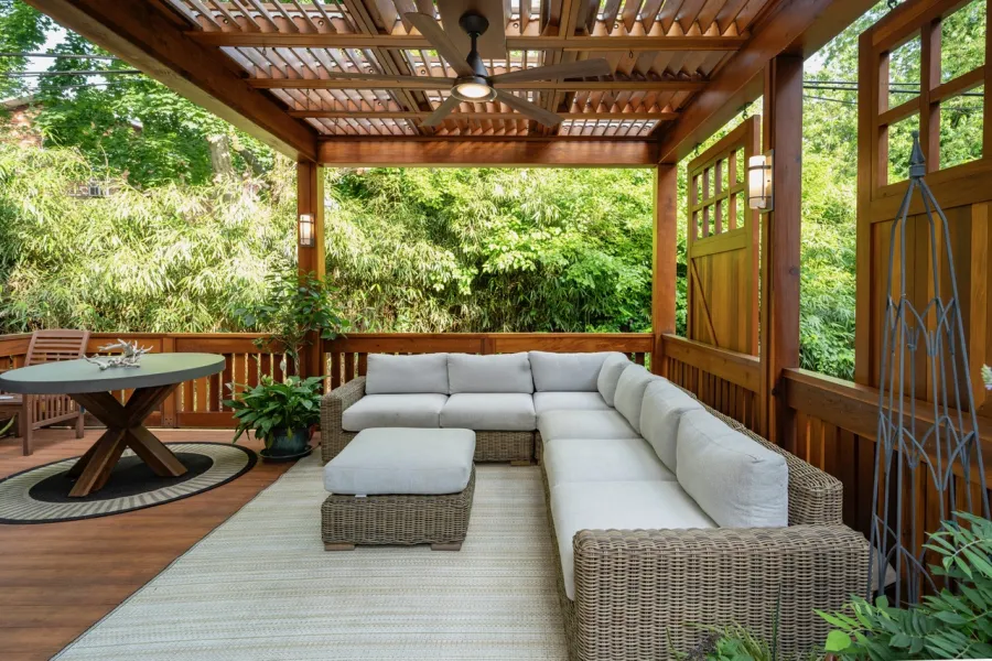 Custom Wooden Pergola (Options: 15' W x 14' L, California Redwood, 8' H Posts, Transparent Premium Sealant). Photo Courtesy of I. Bowleg of Philadelphia, PA.