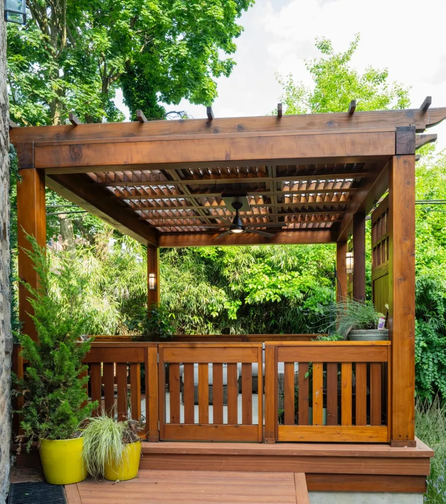 Custom Wooden Pergola (Options: 15' W x 14' L, California Redwood, 8' H Posts, Transparent Premium Sealant). Photo Courtesy of I. Bowleg of Philadelphia, PA.