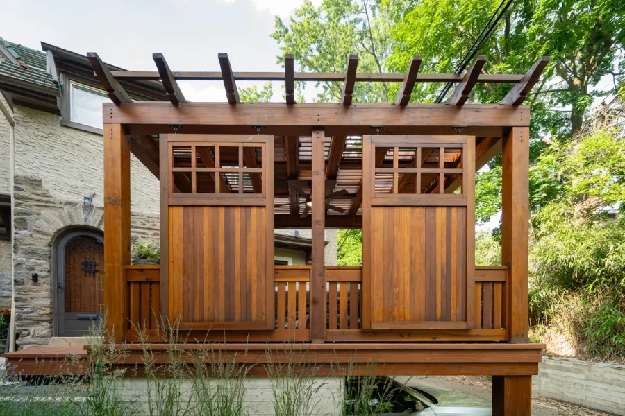 Custom Wooden Pergola (Options: 15' W x 14' L, California Redwood, 8' H Posts, Transparent Premium Sealant). Photo Courtesy of I. Bowleg of Philadelphia, PA.