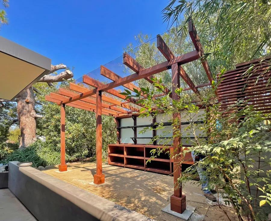 Custom Potting Shed Pergola (Options: 15' L x 10' W, California Redwood, Rafters at 24" on Center, with Clear Rain Guard, 3 ½" x 3 ½" Posts, 6-Post Anchor Kit for Concrete, with Custom Shelves and Drawers on 1 Side, and Frames to Allow Windows Installation, Coffee-Stain Premium Sealant).