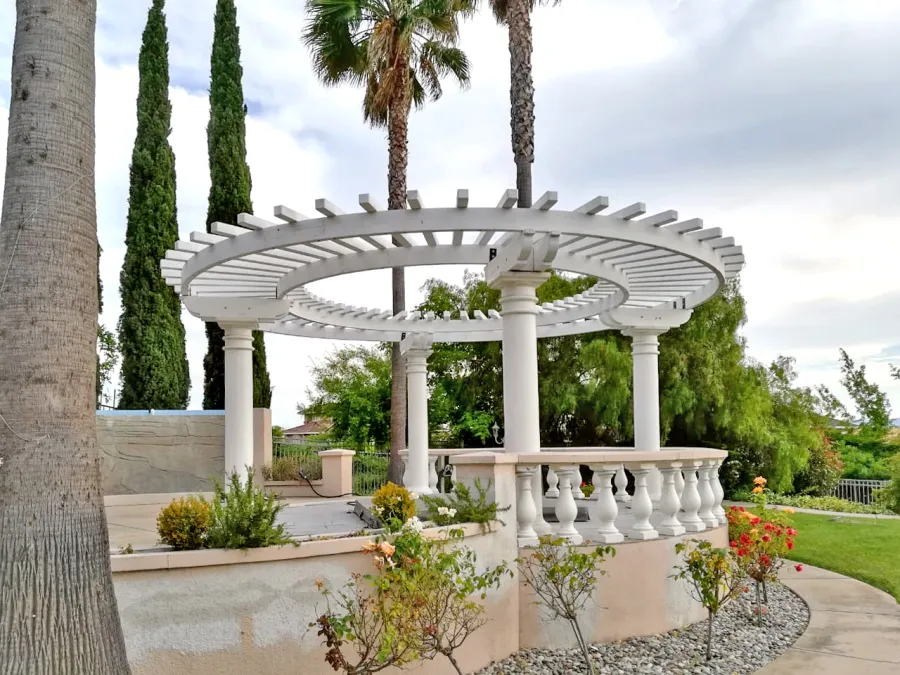 Custom Wooden Pergola (Options: 20'-6" Diameter, Mature Redwood, Placed Atop Load Bearing Columns, White Primer). Photo Courtesy of K. Pathak of Fremont, California.