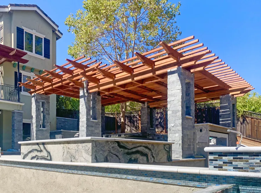 Custom Wooden Fat Timber Pergola (Options: 24' x 33', Mature Redwood, No Posts - Pergola Roof Installed Atop Existing Load Bearing Columns, with Louvered Panels, Transparent Premium Sealant). Photo Courtesy of C. Young of Los Gatos, CA.