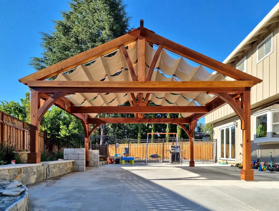 Custom Pergola (Options: 20' x 20', Mature Redwood, Electrical Wiring Trim for 2 Posts, Post Anchor Kit for Concrete, Transparent Premium Sealant). Canopy Installed by Customer. Photo Courtesy of R. Holcomb of Santa Clara, CA.