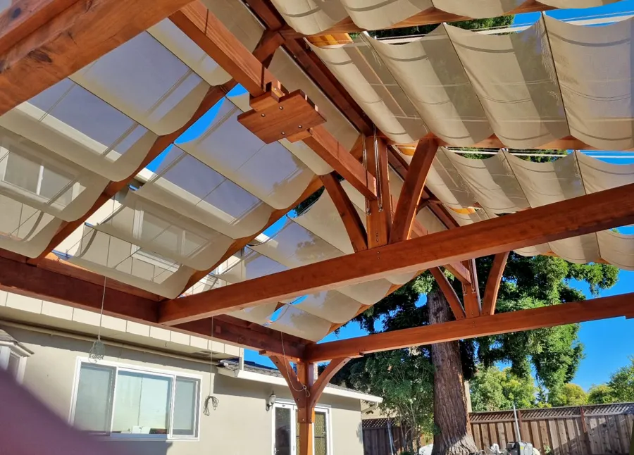 Custom Pergola (Options: 20' x 20', Mature Redwood, Electrical Wiring Trim for 2 Posts, Post Anchor Kit for Concrete, Transparent Premium Sealant). Canopy Installed by Customer. Photo Courtesy of R. Holcomb of Santa Clara, CA.