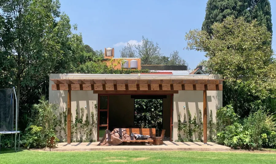 Custom Attached Garden Pergola (Options: 11' x 28', California Redwood, Rounded Columns, 8x12 Supports, 6x8 Rafters, 3x3 Slats, Custom Finish). Photo Courtesy of R. Serrano of Mexico City.