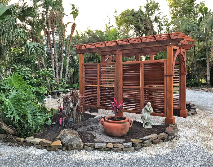 Custom Garden Pergola (Options: L-Shaped, Mature Redwood, with Louvered Walls, Transparent Premium Sealant). Photo Courtesy of S. Hase of Longboat Key, FL.