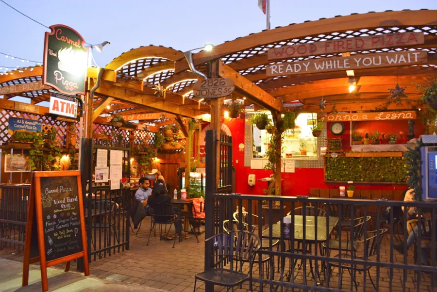 Custom Wooden Pergola (Options: Mature Redwood, Transparent Premium Sealant). Photo Courtesy of Carmel Pizza Company of San Francisco, CA.