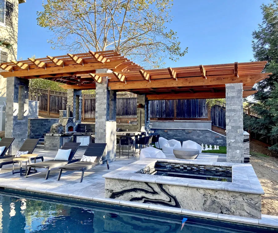 Custom Wooden Fat Timber Pergola (Options: 24' x 33', Mature Redwood, No Posts - Pergola Roof Installed Atop Existing Load Bearing Columns, with Louvered Panels, Transparent Premium Sealant). Photo Courtesy of C. Young of Los Gatos, CA.