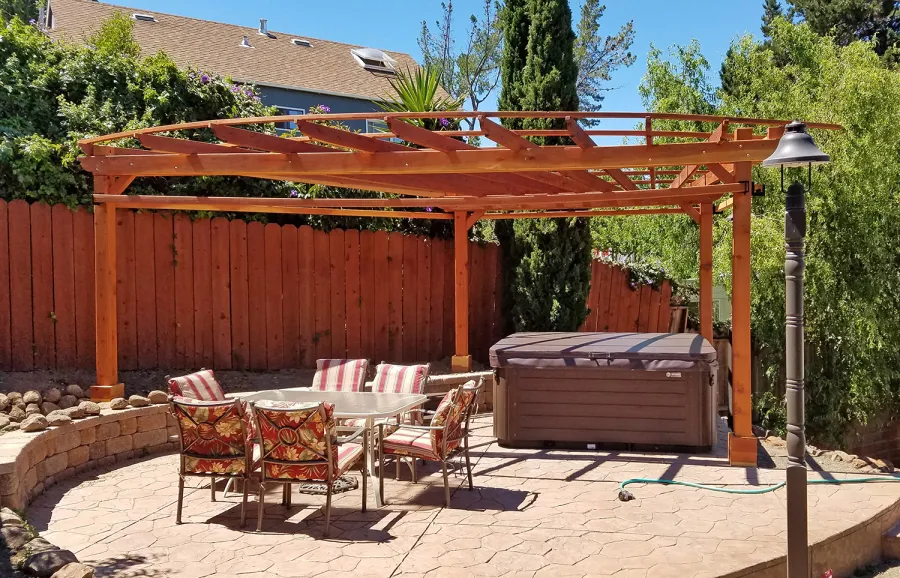 Custom Wooden Pergola (Options: 20' L, 13' W, California Redwood, 1 Electrical Wiring Trim, 4 Post Anchor Kit for High-Wind, No Privacy Panels, Curtain Rods on 4 sides, 8.5' Post Height, Transparent Premium Sealant). Photo Courtesy of Chip Hansel of Brisbane, CA.