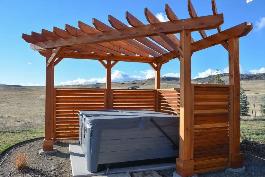 Custom Garden Pergola (Options: California Redwood, Louvered Privacy Panels, Open Roof, Transparent Premium Sealant). Photo Courtesy of Paul & Diane Chalfant of Livingston, Montana.