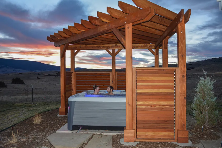 Custom Garden Pergola (Options: California Redwood, Louvered Privacy Panels, Open Roof, Transparent Premium Sealant). Photo Courtesy of Paul & Diane Chalfant of Livingston, Montana.