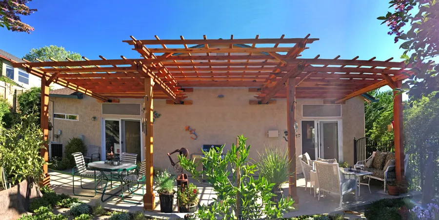 Custom Wooden Pergola (Options: 35' L, 13' W, California Redwood, No Electrical Wiring Trim, 4-Post Anchor Kit for Concrete, No Privacy Panels, No Curtain Rods, 10' & 11' Post Height, Transparent Premium Sealant). Photo Courtesy of D. Drake of Auburn, CA.