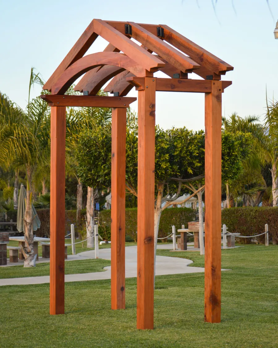 Custom Entryway Arbor/Pergola (Options: 11'-7" x 5'-9", with 8x8 Supports and 6x8 Rafters, Mature Redwood, Transparent Premium Sealant). Yes, we can make an entryway arbor in any size and style you like... Photo Courtesy of M. Day of Mill Valley, CA.