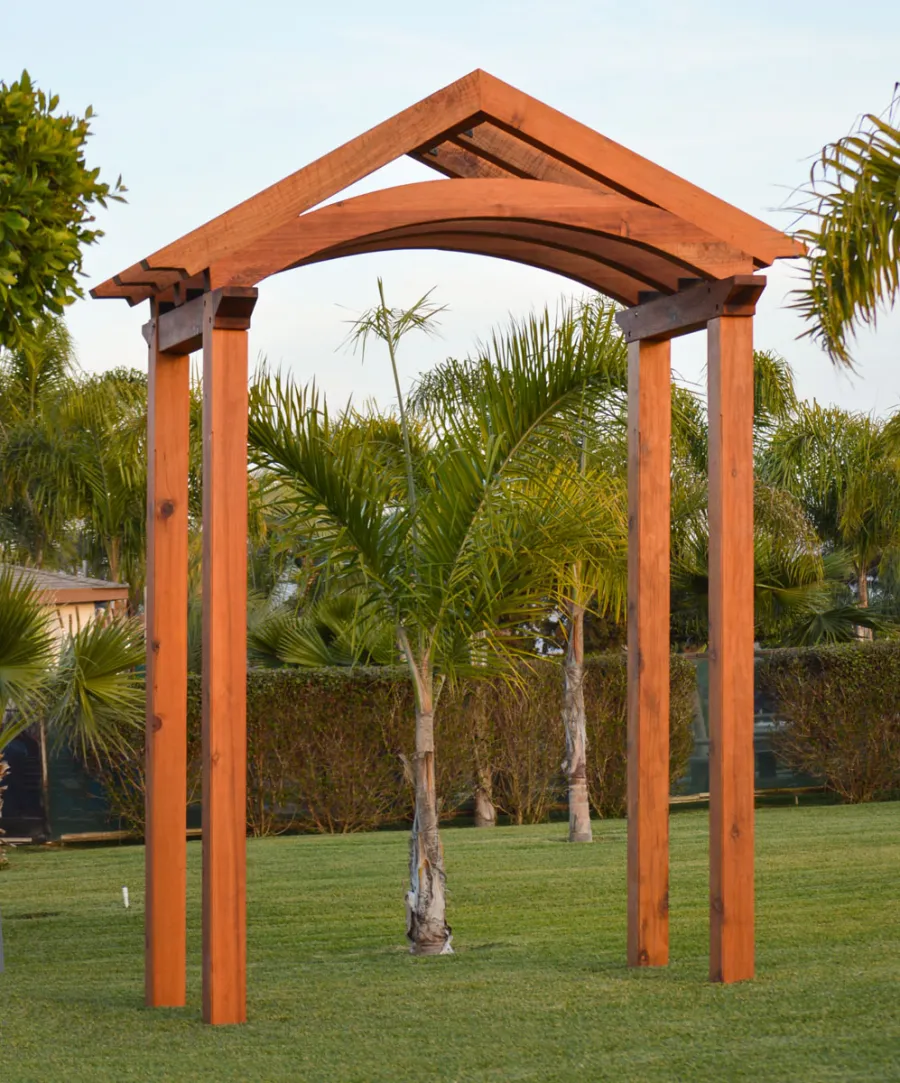 Custom Entryway Arbor/Pergola (Options: 11'-7" x 5'-9", with 8x8 Supports and 6x8 Rafters, Mature Redwood, Transparent Premium Sealant). Yes, we can make an entryway arbor in any size and style you like... Photo Courtesy of M. Day of Mill Valley, CA.