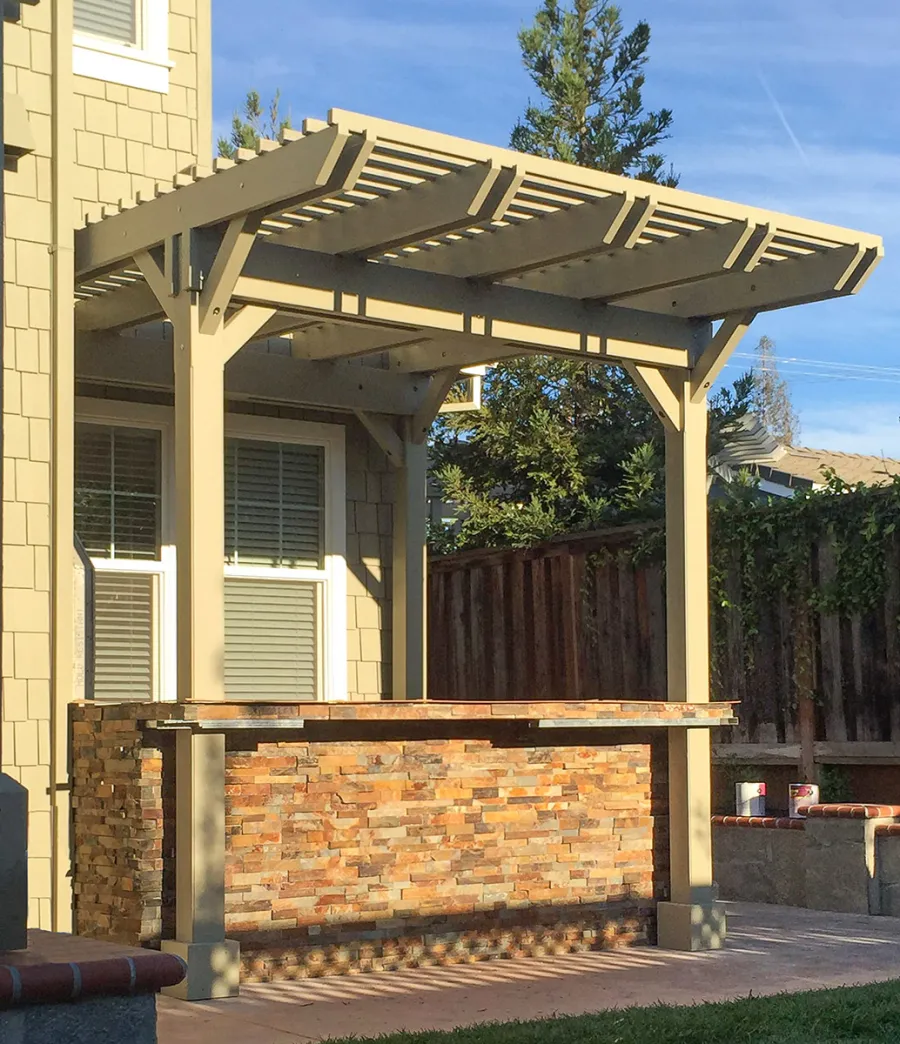 Custom Wooden Pergola (Options:12' x 9', California Redwood, Gray Oil-Based Primer and Custom Paint). Photo Courtesy of Unlimited Outdoor Kitchens of San Jose, CA.
