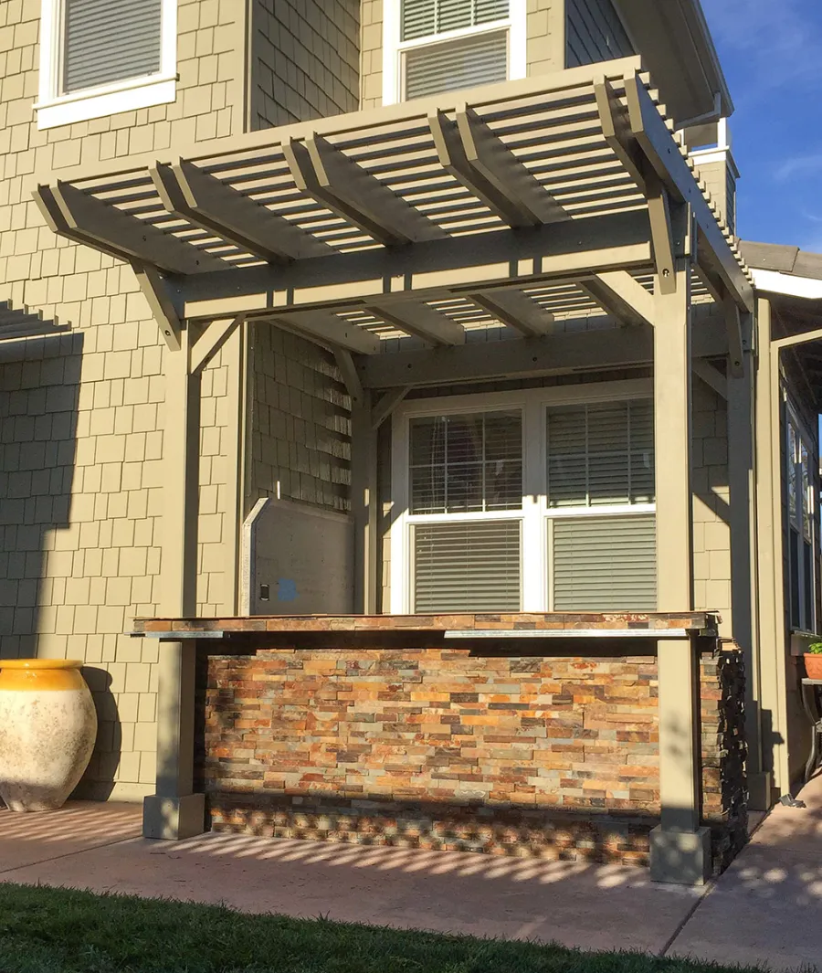Custom Wooden Pergola (Options:12' x 9', California Redwood, Gray Oil-Based Primer and Custom Paint). Photo Courtesy of Unlimited Outdoor Kitchens of San Jose, CA.
