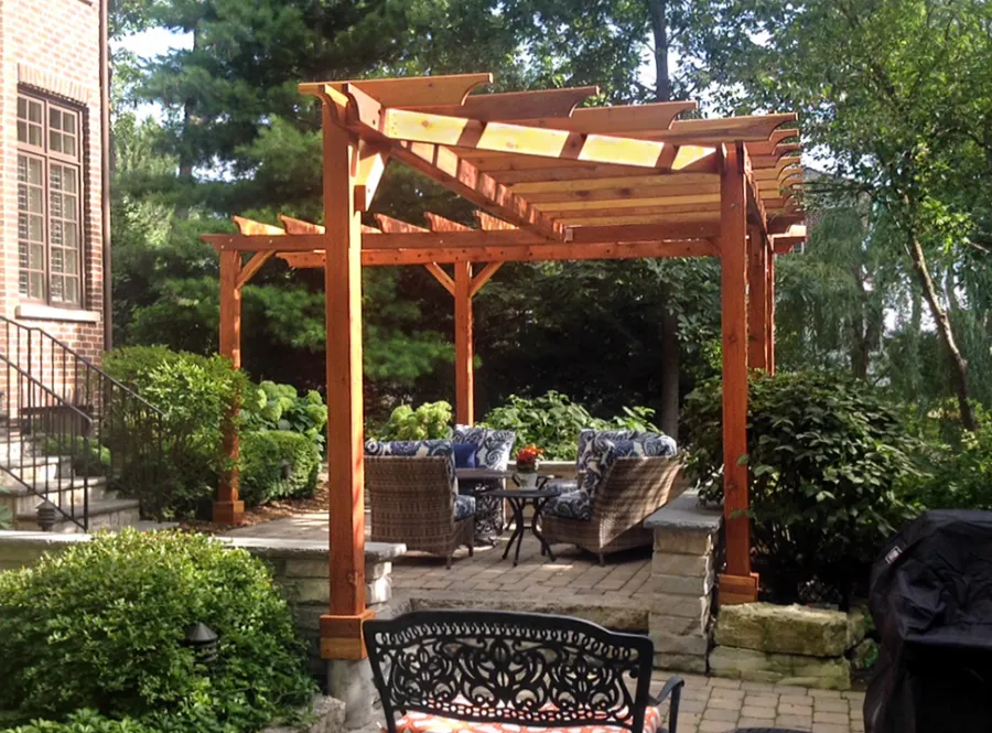 Custom Wooden Pergola (Options: Custom Designed L-Shaped Garden Pergola. Roof Size is 16' x 22 1/2' Approximately on Outer Edge and 6' Wide all Around with a 45 Degree Cut on One End. Have 2x6 Roof Rafters Spaced 18 Inches on Center with 2x2 Slats Spaced Also 18 Inches on Center for Initial Drawing. California Redwood, Trasnparent Premium Sealant).