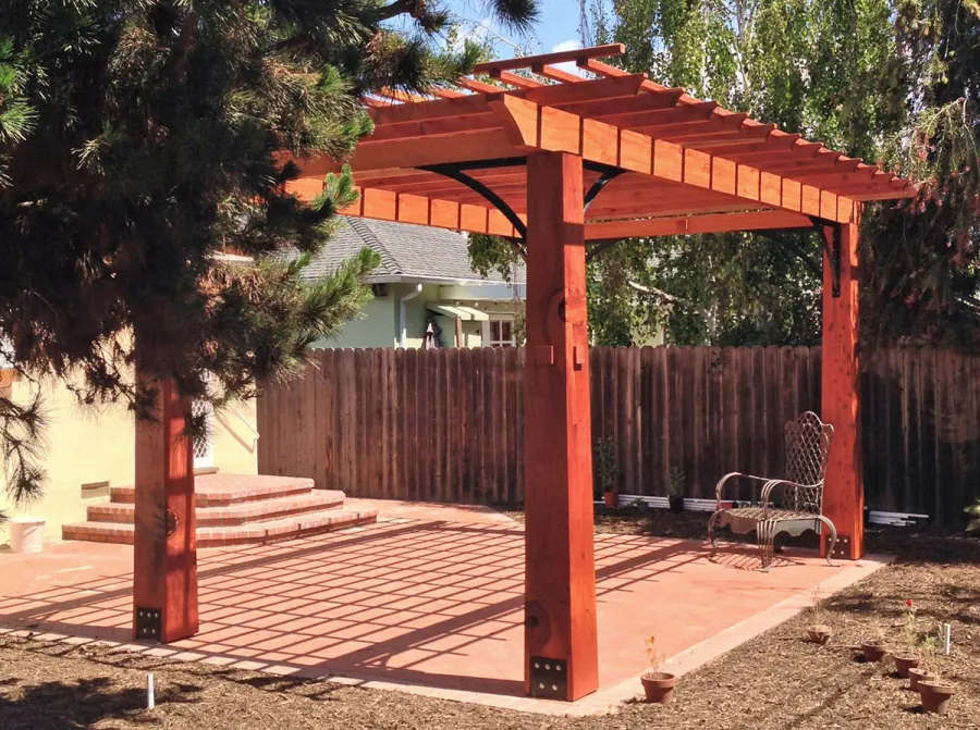 Custom Wooden Fat Timber Pergola (Options: 20'-6" x 13'-4", Mature Redwood, Larger Timbers and Metal Diagonal Braces by Custom Request). Photo Courtesy of John & Marilyn Raffensperger of Santa Monica, CA