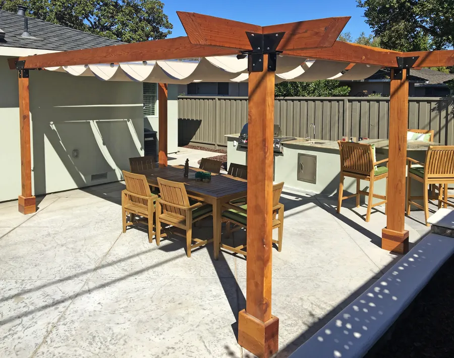 Custom Wooden Pergola (Options: 20' L, 14' W, California Redwood, 4-Post Anchor Kit for Concrete, No Privacy Panels, No Curtain Rods, 4" x 8" x 9.5' Post Height, Transparent Premium Sealant) with an Infinity Canopy Retractable Shade Structure. Photo Courtesy of M. Hall of San Jose, CA.