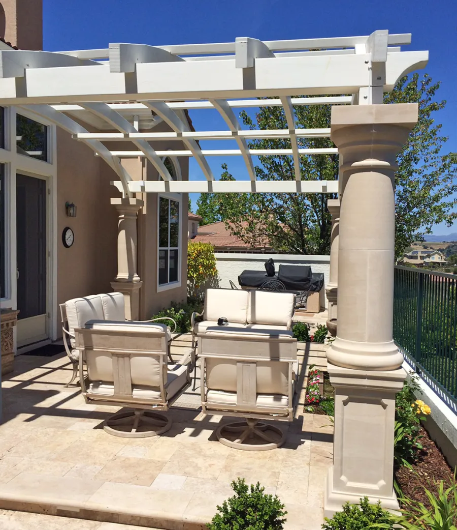 Custom Wooden Fat Timber Pergola (Options: 20' x 14', Douglas-fir, Unattached, Off-White Oil-Based Primer). Photo Courtesy of Mary B. of San Jose, CA.