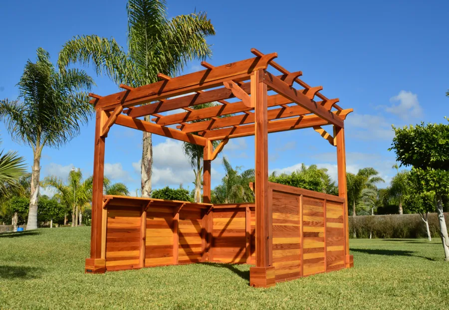 Custom Wooden Pergola (Options: 9 ft L x 9 ft W, California Redwood, 4-Post Anchor Kit for Concrete, No Ceiling Fan Bases, 3 Custom Solid Privacy Panels, No Curtain Rods, 7 ft Height Posts, Transparent Premium Sealant). Extra Custom Request: 2 Shelves.