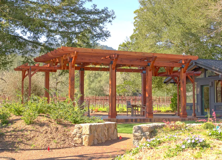 Custom Wooden Pergola (Options: 28' x 20', California Redwood, Posts Anchor Kit for Concrete, Transparent Premium Sealant). Photo Courtesy of S. Taplin of St. Helena, CA.