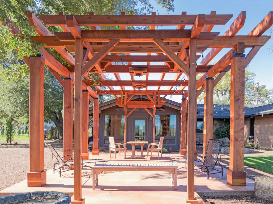 Custom Wooden Pergola (Options: 28' x 20', California Redwood, Posts Anchor Kit for Concrete, Transparent Premium Sealant). Photo Courtesy of S. Taplin of St. Helena, CA.