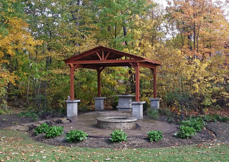 Del Norte Outdoor Kitchen Pavilion (Options: 14' L x 14' Triangle Base W, California Redwood, Unattached, 4-Post Anchor Kit for Concrete, No Electrical Wiring, 9 ft Post Height, No Ceiling Fan Base, No Privacy Panels, No Curtain Rods, Transparent Sealant). Photo Courtesy of Scott W. of Fishers, Indiana.