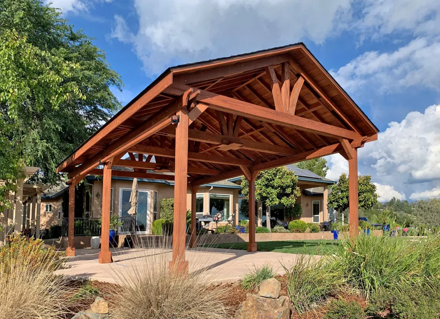 Del Norte Outdoor Kitchen Pavilion (Options: 25' L x 18' W, Douglas-fir, 6-Post Kit for High-Wind, 2 Ceiling Fan Bases, 1 Electrical Wiring Trim Kit, No Post Decorative Trims, Coffee-Stain Premium Sealant). Photo Courtesy of D. Tornincasa of Placerville, California.