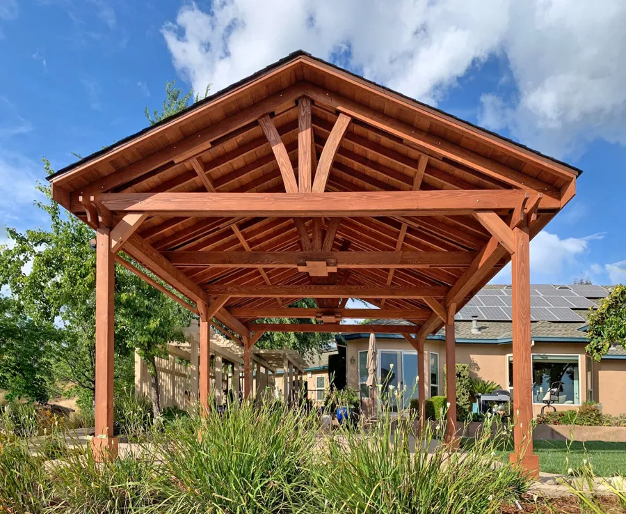 Del Norte Outdoor Kitchen Pavilion (Options: 25' L x 18' W, Douglas-fir, 6-Post Kit for High-Wind, 2 Ceiling Fan Bases, 1 Electrical Wiring Trim Kit, No Post Decorative Trims, Coffee-Stain Premium Sealant). Photo Courtesy of D. Tornincasa of Placerville, California.