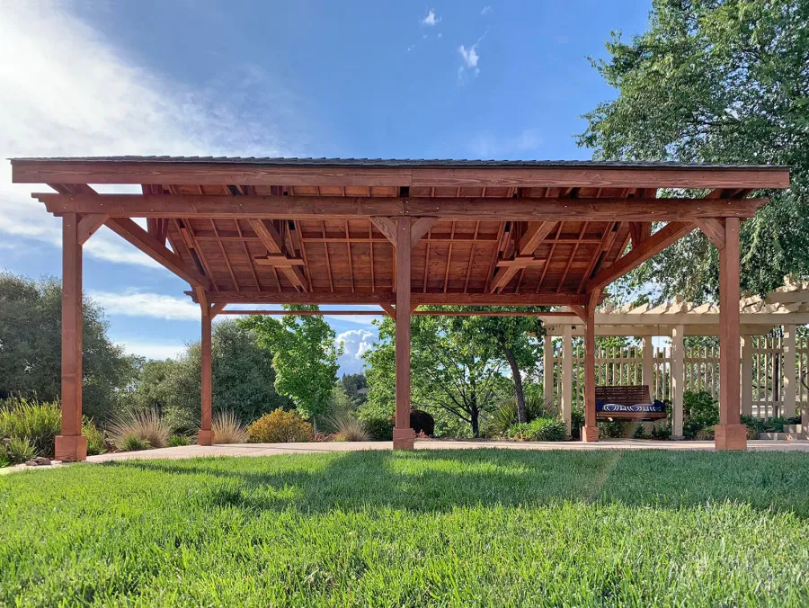 Del Norte Outdoor Kitchen Pavilion (Options: 25' L x 18' W, Douglas-fir, 6-Post Kit for High-Wind, 2 Ceiling Fan Bases, 1 Electrical Wiring Trim Kit, No Post Decorative Trims, Coffee-Stain Premium Sealant). Photo Courtesy of D. Tornincasa of Placerville, California.