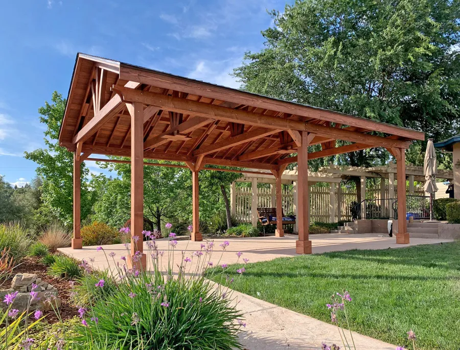 Del Norte Outdoor Kitchen Pavilion (Options: 25' L x 18' W, Douglas-fir, 6-Post Kit for High-Wind, 2 Ceiling Fan Bases, 1 Electrical Wiring Trim Kit, No Post Decorative Trims, Coffee-Stain Premium Sealant). Photo Courtesy of D. Tornincasa of Placerville, California.