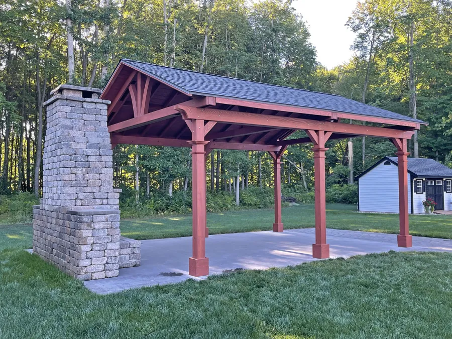 Del Norte Outdoor Kitchen Pavilion (Options: 20' L x 16' W, Douglas-fir, 6-Post Kit for High-Wind, Horizontal Post Decorative Trims, 2 Ceiling Fan Bases, No Lattice Privacy Panel, 1 Electrical Wiring Trim Kit, Custom Finish). Photo Courtesy of J. Kacsits of Hudsonville, MI.
