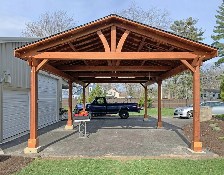 Del Norte Outdoor Kitchen Pavilion (Options: 30' L x 18' W, California Redwood, 6-Post Anchor Kit for Concrete, 9.5' H Posts, 4 Ceiling Fan Bases, 2 Fascia Boards, Transparent Premium Sealant). Photo Courtesy of J. Kimmel of Constantia, New York.