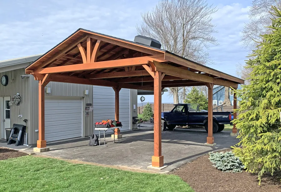 Del Norte Outdoor Kitchen Pavilion (Options: 30' L x 18' W, California Redwood, 6-Post Anchor Kit for Concrete, 9.5' H Posts, 4 Ceiling Fan Bases, 2 Fascia Boards, Transparent Premium Sealant). Photo Courtesy of J. Kimmel of Constantia, New York.