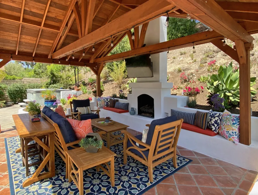 Del Norte Outdoor Kitchen Pavilion (Options: 14' L x 20' W, Douglas-fir, 4-Post Anchor Kit for High-Wind, With 1 Ceiling Fan Base, Electrical Wiring Trim Kit for 2 Posts, Horizontal Post Decorative Trims, Coffee-Stain Premium Sealant).